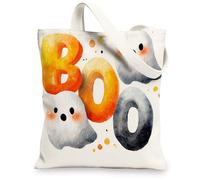 Playful Ghosts Canvas Tote Bags, Cute Halloween Design Reusable Grocery Bags, Lightweight Washable Shoulder Strap Canvas Ba, White, 13x15 Inch