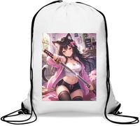 Playful Girl with Samurai Sword Gym Sack Casual Drawstring Bag White