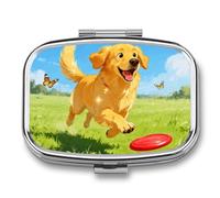 Playful Golden Retriever Pill Box Travel Pill Organizer 2-Compartment with Mirror Design Portable Square Medicine Case for Vitamins, Jewelry & Essentials Durable Pocket Pillcase for Purse, Camping