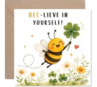 Playful Good Luck Card - Bee-lieve in Yourself - Smiling Cartoon Bee Clutching a Lucky Four-leaf Clover in a Wildflower Meadow - 145mm Square, Envelope Included