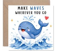 Playful Good Luck Card - Make a Splash with This Adorable Watercolour Whale - Ocean Waves, Red Heart and Sparkling Details - 145mm Square, Envelope Included