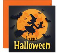 Playful Halloween Card - Witch and Cat Zooming Past Bats on a Broomstick - Bold Orange Moon Backdrop - 145mm Square, Envelope Included