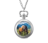 Playful Horses in The Valley Pocket Watch Vintage Quartz Pocket Watches with Chain for Men Women Silver-Style