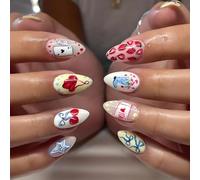 Playful Love Press On Nails - Short Almond False Nails with Heart Strawberry Bow Design - 24Pcs French Tip Nail Set with Adhesive Tabs for Women DIY Manicure