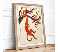 Playful Monkey in Blossom Japandi Framed Wall Art Print A1 Oak
