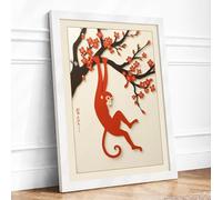 Playful Monkey in Blossom Japandi Framed Wall Art Print A1 White