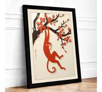 Playful Monkey in Blossom Japandi Framed Wall Art Print A3 Black