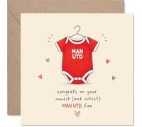 Playful New Baby Card for Man Utd Fans - Welcome to the Team - Illustrated Red Onesie with Hand-drawn Hearts - 145mm Square, Envelope Included