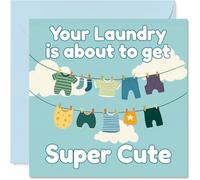 Playful New Baby Card - Laundry Day Just Got Adorable - Cute Baby Clothes Pegged on a Line under a Blue Sky - 145mm Square, Envelope Included