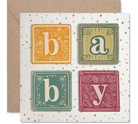 Playful New Baby Card - Warm Retro Vibes to Welcome a Little One - Letter Block Design with Confetti on Cream - 145mm Square, Envelope Included