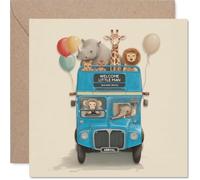 Playful New Baby Card - Welcome to the World, Little Man - Safari Animals on a Blue Double-decker Bus with Cheerful Balloons - 145mm Square, Envelope Included