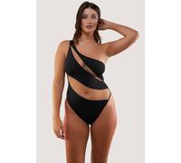 Playful Promises Fuller Bust Black Asymmetric Swimsuit With Nude Mesh Inserts - Black - 10E/F