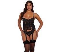 Bettie Page Lillian Black Floral Embroidery Basque - Black - 32D