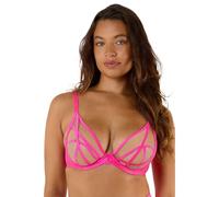 Playful Promises Ramona Neon Pink Strap Detail Illusion Mesh Bra - Underwired Support Bra with Mesh Cups & Adjustable Caged Strap Design - Fashion Lingerie Statement Piece