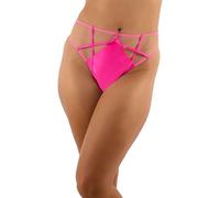Playful Promises Ramona Neon Pink Strap Detail Illusion Mesh High Waisted Thong for Women - Sheer Mesh with Satin Straps & Gold Hardware - Comfortable Lingerie with Cotton Gusset