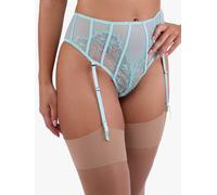 Playful Promises Valerie Aqua Embroidery & Mesh High Waist Suspender Thong - Aqua - 10