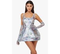 Playful Promises Gracie Renaissance Printed Boned Underbust Dress - 8 - Polyester, Elastane, Mesh, Satin - Mini