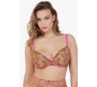 Playful Promises Spank Me Pink & Nude Embroidery Plunge Bra 32DD Pink
