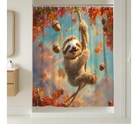 Playful Sloth Shower Curtain, Fall Autumn Acorn Leaves Bathroom Decor, Cute Animal Waterproof Fabric Shower Curtain with Hooks 54x78 Inch