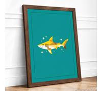 Playful Tiger Shark Framed Wall Art Print A2 Walnut