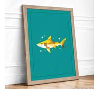 Playful Tiger Shark Framed Wall Art Print A3 Oak