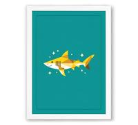 Playful Tiger Shark Modern Framed Wall Art Print A4 (29.7×21cm) White, Wall Decor for Living Room, Bedroom, Office & Home, Ready to Hang, Art Gift