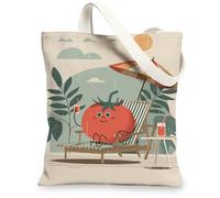 Playful Vegetable Canvas Tote Bags, Retro Tomatoes Design Eco-Friendly Reusable Shopping Bags for Beach Gym Travel, Beige, 13x15 Inch