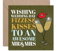 Playful Wedding Card - Fizz, Kisses and Wedded Bliss - Champagne Glasses and Kiss Mark in Bold Gold - 145mm Square, Envelope Included