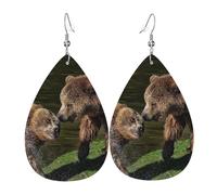 Playful Wet Brown Bears Printed Water Drop Earrings, Lightweight Leather Teardrop Dangle for Date and Party
