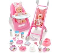 PLAYFULBAY Baby Doll Accessories Set,28-Piece Playset with baby doll pram & High Chair, 2 Outfits,Imaginative Role-Play Gift Ages 2+