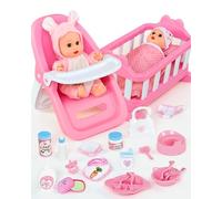 PLAYFULBAY Baby Doll Set with Accessories, 29-Piece Baby Doll Crib & High Chair Playset, 2 Outfits , Nappy & Feeding Gear, Gift for Girls & Boys Age 2+