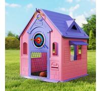 AIYAPLAY 5-in-1 Playhouse for Kids Outdoor Indoor, Garden House with Basketball Hoop, Football, Dartboard, Ring Toss, Wendy House for Kids 2-5 Years Old, Pink