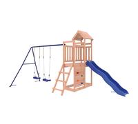Playhouse Solid Douglas Wood 446x186x214cm Blue Slide Swings Rockwall Play Tower