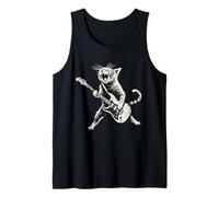 Playing Guitar by Cat - Vintage Musician Cat Rock and Roll Tank Top