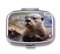 Playing Otter Pill Box 2 Compartments Portable Travel Pill Case Mini Medicine Organizer for Pocket Purse Metal Waterproof Medicine Container Holder Vitamin Fish Oil