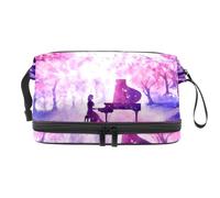 Playing Piano Girl Under Blossom Cherry Tree Double Layer Cosmetic Bag for Women and Girls, Travel Toiletry Bag Makeup Handy Pouch Organiser Bag with Brush Compartment