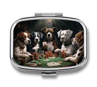 Playing Poker Dogs Pill Box - 2 Compartment Travel Pill Organizer with Small Mirror, Portable Pillcase for Pocket & Purse, Cute Square Medicine Case, Weekly Medicine Container