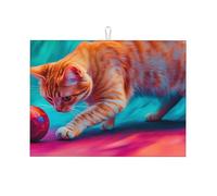Playing with The Colorful Cat That Plays with The Ball. Large Microfiber Dish Draining Mat Reusable Washable Dish Drainer Pad Rack Mat for Kitchen Accessory 18x24 Inch