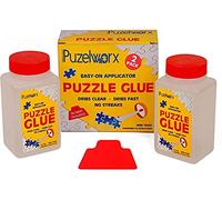Playkidiz Non Toxic Jigsaw Puzzle Glue - Puzzleworx Jigsaw Glue Easy-On Applicator - Puzzle Glue Saver - Pack of 2 Bottles - Each Bottle is 4.2 Oz (124 ML) - Total 248 ML - Glue Scrapper Included