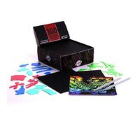 Playkidiz Scratch Paper Art Box, 100 Scratch Off Notes, Neat Desktop Dispenser, Magic Scratch Art, Holographic Rainbow, Includes 4 Tracing Stencils & 2 Stylus Pens