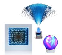 Playlearn 22cm Sensory LED Infinity Mirror Tunnel Light - 17cm Color Changing Mood Sphere & 35cm Fibre Optic Lamp with Wireless Speaker Night Desktop Sensory Light Decor