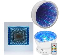 Playlearn 22cm Sensory Light LED Infinity Mirror Tunnel Light Square - 23cm Infinity Mirror Calming Visual Effect and 13cm Ocean Wave Projector Lamp for Office,Living Room & Bedroom