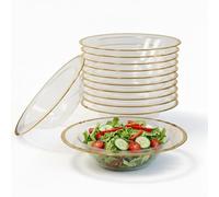 Playlearn Luxia 20Pcs Clear Gold Rim Plastic Bowls - Durable & Reusable Heavy Duty White Tableware - Elegant Soup & Dessert Bowls for Weddings, Catering, Buffets,Birthdays, and Parties