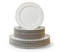 Playlearn Luxia 20Pcs Elegant Gold Bead Rim Plastic Plate Set - Reusable 10 Dinner and 10 Dessert Plates Set, Hard Plastic Plates for Parties, Weddings, Birthday Events, Elegant Party Tableware