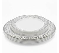 Playlearn Luxia 20Pcs Elegant Plastic Plates Filigree Rim Edge 10 Dinner and 10 Dessert Plates Set Durable, Reusable Plastic Plate Modern Design Tableware for Party & Event
