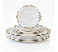 Playlearn Luxia 20Pcs Elegant Plastic Plates Lace White & Gold 10 Dinner and 10 Dessert Plates Set Durable, Reusable Plastic Plate Modern Design Tableware for Party & Event