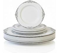 Playlearn Luxia 20Pcs Elegant Plastic Plates Silver Baroque Edge 10 Dinner and 10 Dessert Plates Set Durable, Reusable Plastic Plate Modern Design Tableware for Party & Event