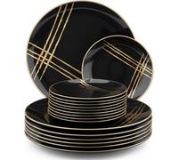 Playlearn Luxia 20Pcs Plastic Plate Set with Decorative Gold Border - Reusable 10 Dinner and 10 Dessert Plates Set - Hard (Lines Black & Gold)