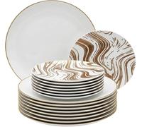 Playlearn Luxia 20Pcs Plastic Plate Set with Decorative Gold Border - Reusable 10 Dinner and 10 Dessert Plates Set - Hard (Swirl Duo White & Gold)