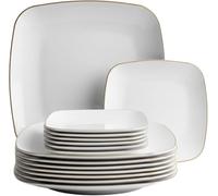 Playlearn Luxia 20Pcs Plastic Plate Set with Decorative Gold Border - Reusable 10 Dinner and 10 Dessert Plates Set - Hard (Square White & Gold)